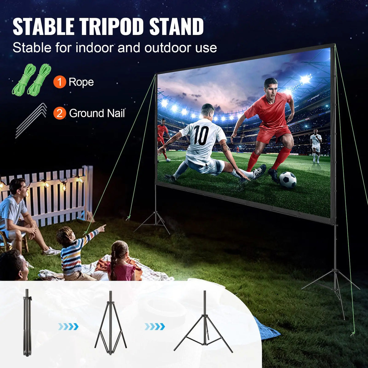 Projector screen with stand, 150-inch 16:9 outdoor screen on tripods with carry bag