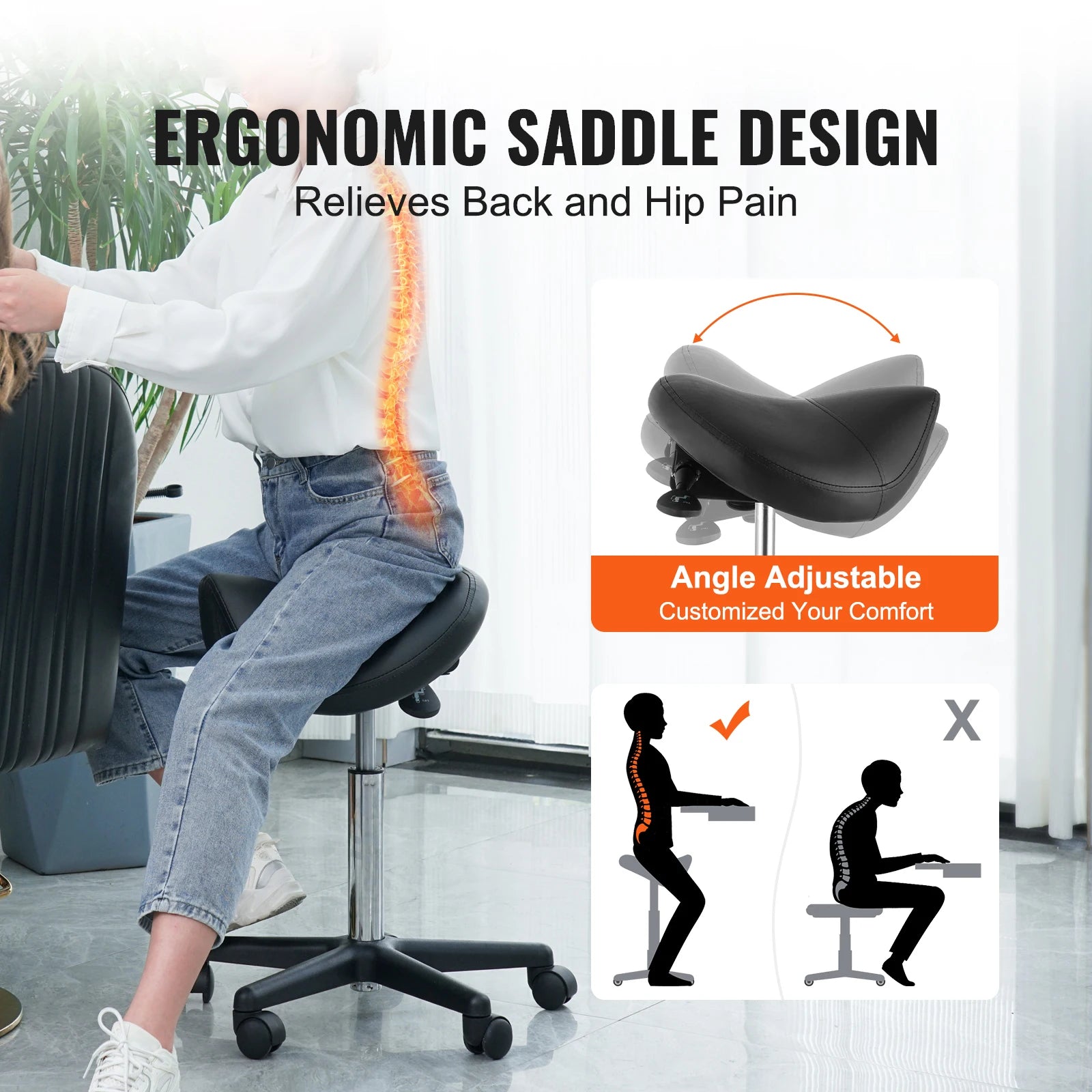 SucceBuy ergonomic saddle stool with 5 swivel casters, 360-degree rotation, height adjustable 20.1-28 in, black seat