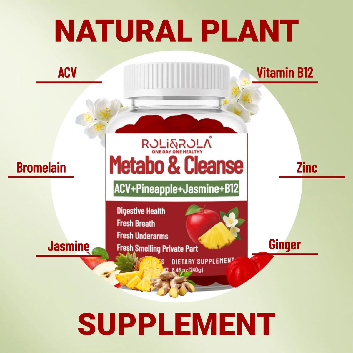 Summer Fresh Gut Health ACV-1000mg Gummies by S And B Enterprise, 60 ct, with bromelain, jasmine, B12, zinc, ginger