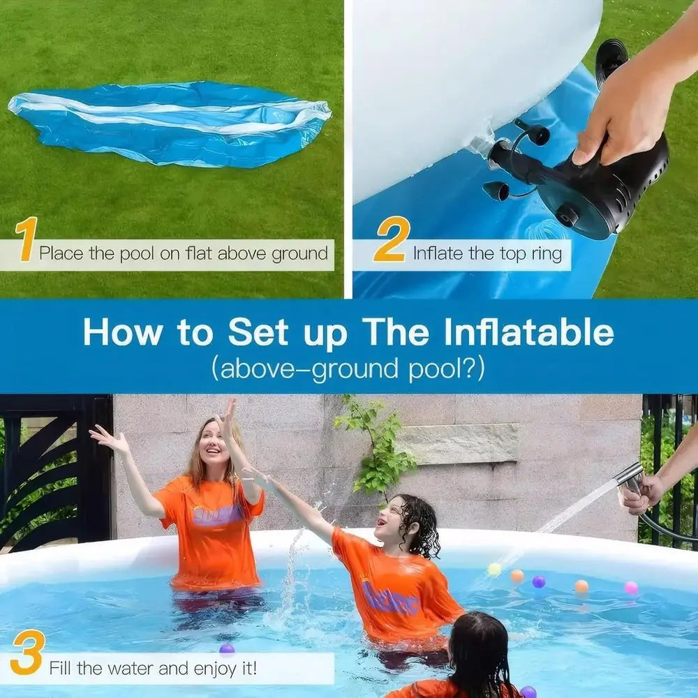 Giant inflatable round family pool by S And B Enterprise, 120-inch diameter, blue, above-ground, easy setup.