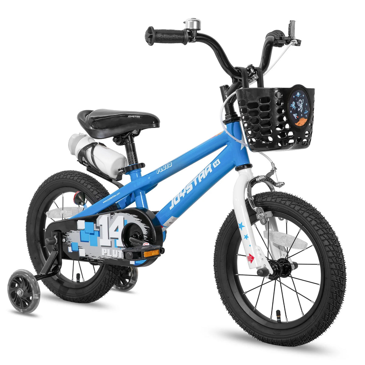 Joystar children's bicycle blue with training wheels, front basket, water bottle, space-themed decals