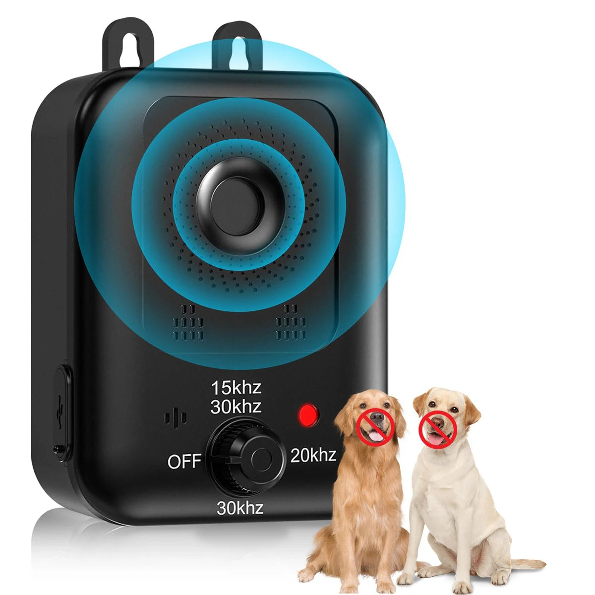 Automatic anti-barking device, black with blue ring, rechargeable ultrasonic deterrent for indoor/outdoor use.