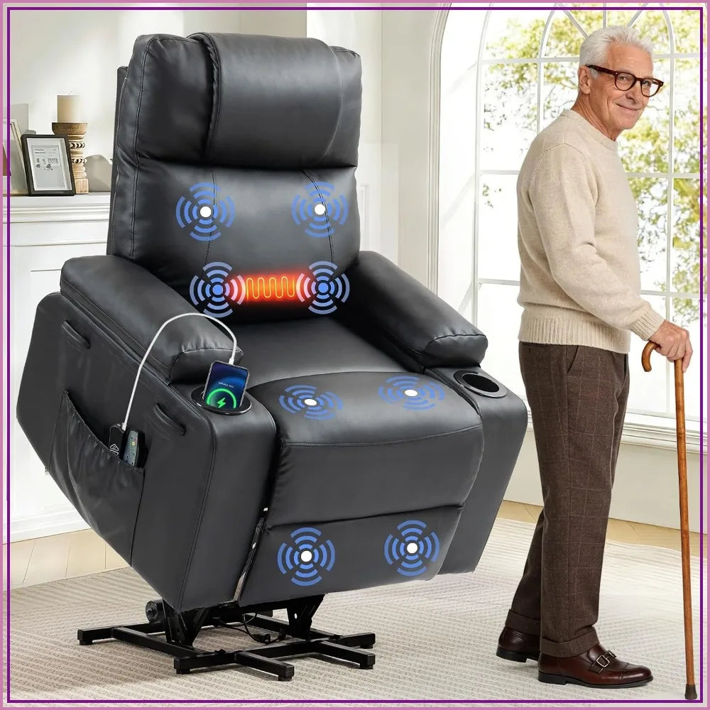 Power Lift Recliner Chair for Elderly with Massage & Heat, PU Leather Electric Recliner USB Port, 160° Recline, Remote