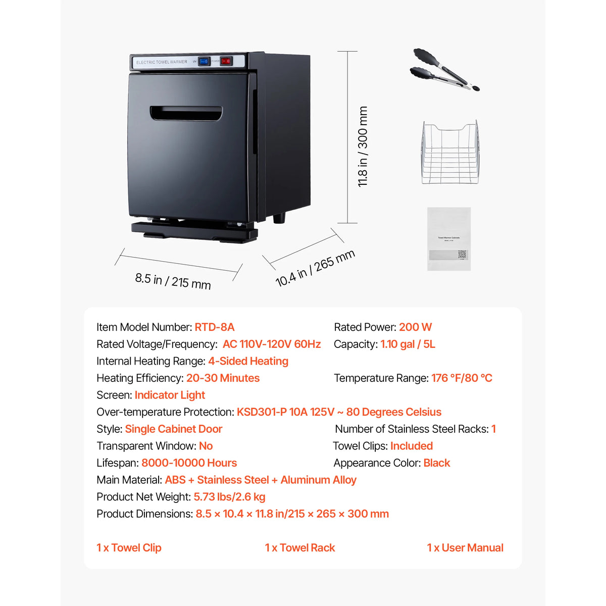 Electric towel warmer cabinet in black with clip; includes 1 towel rack, 1 towel clip, and user manual