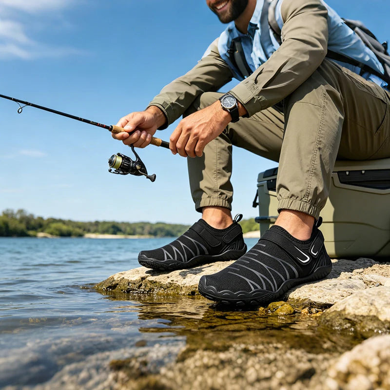 Men's water shoes, black lightweight quick-dry aqua footwear for beach and wading.