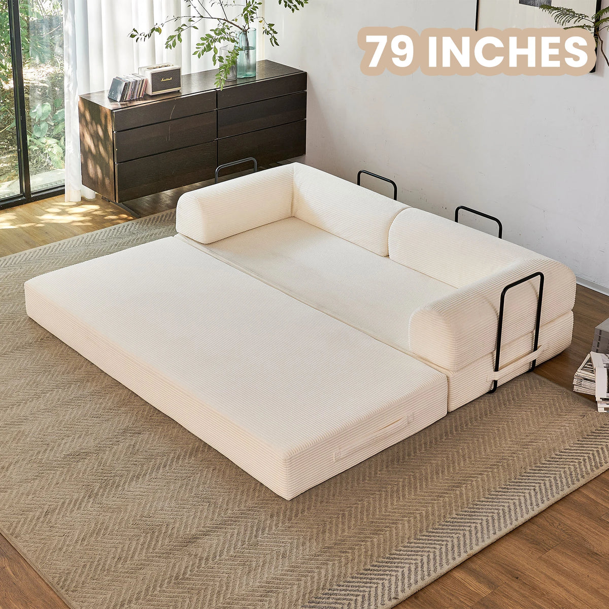 79-inch boneless sofa bed in white ribbed fabric with a black metal frame and slim rails