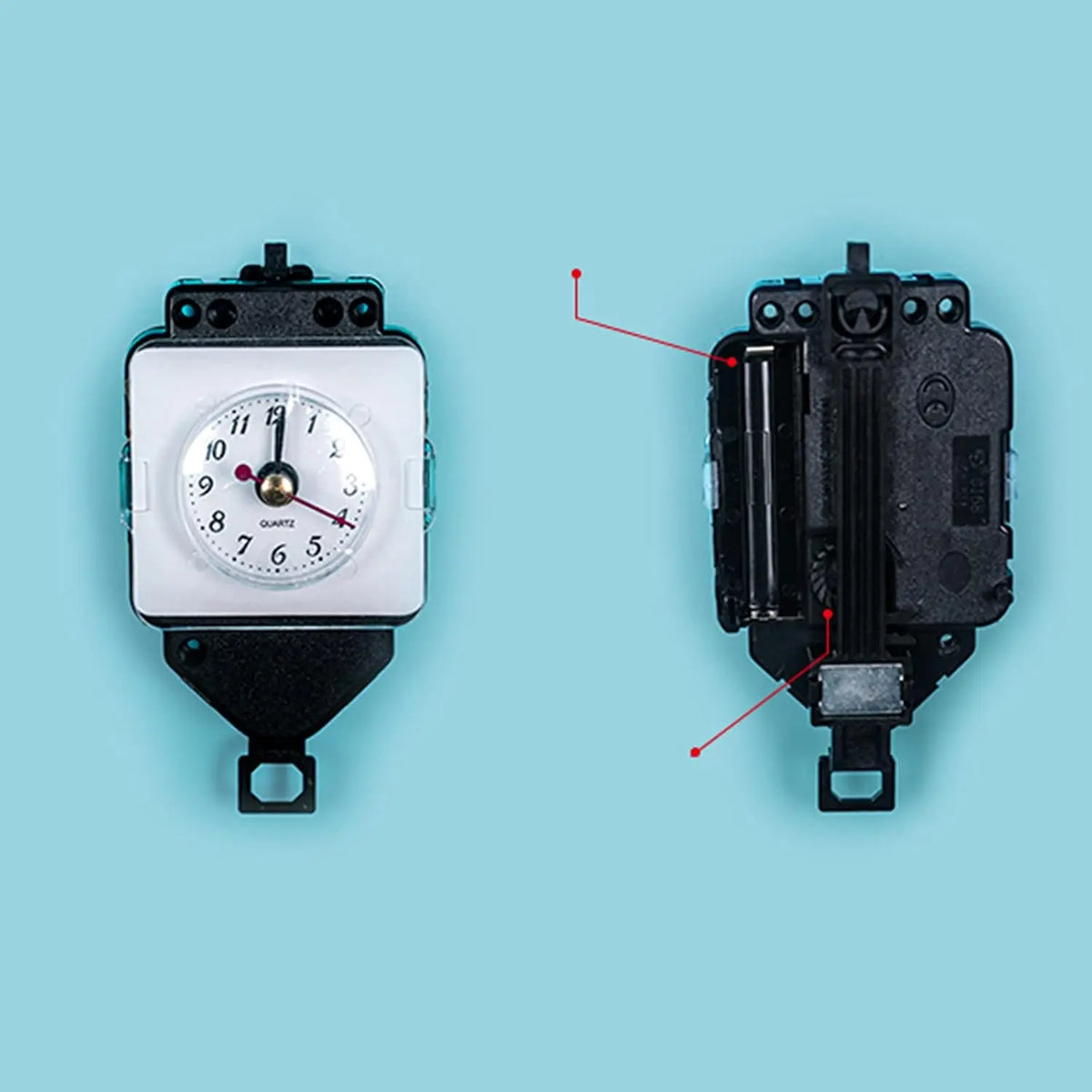 Cuckoo clock movement module: front shows white dial with black numerals, back shows battery slot and gears.