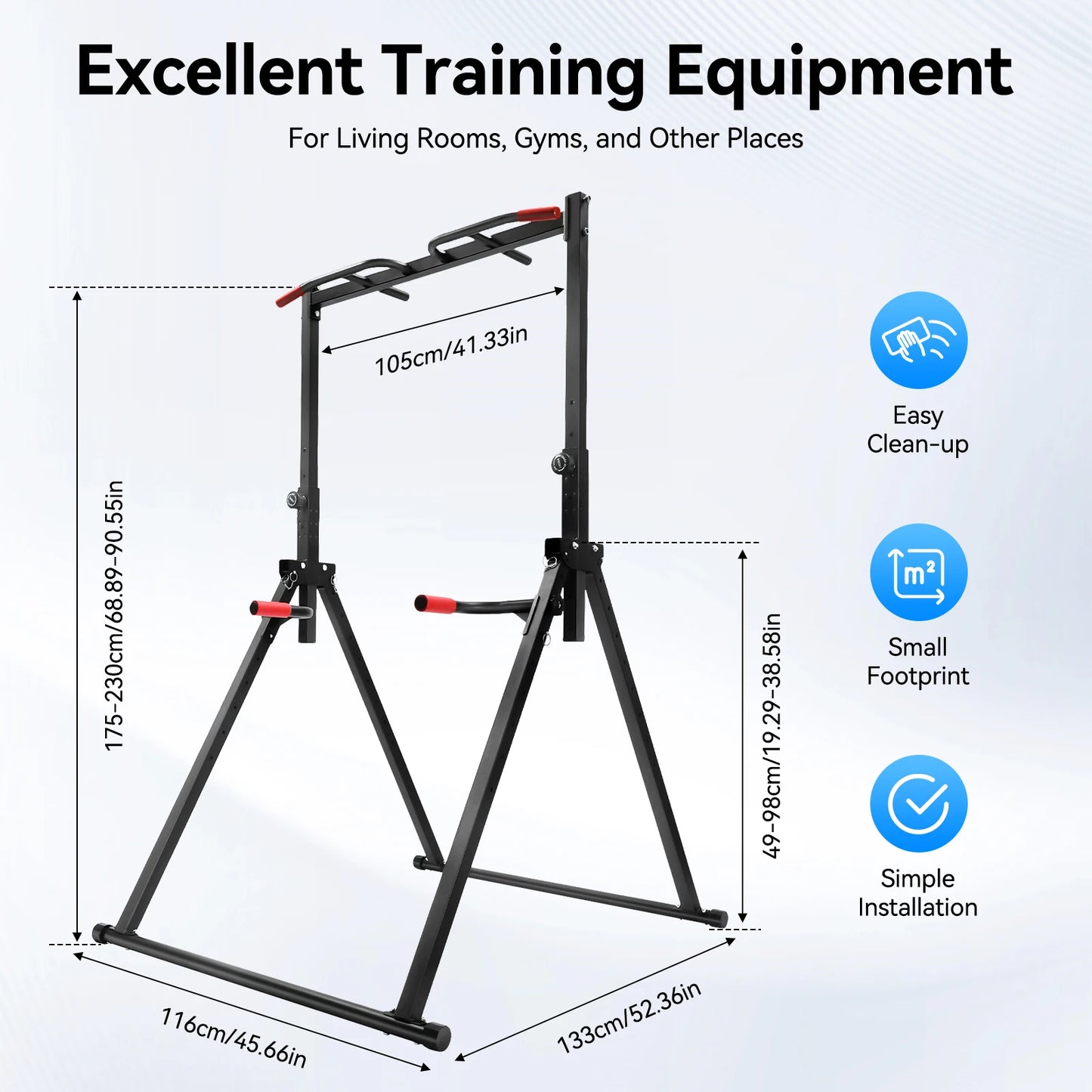 Adjustable pull-up bar and foldable multi-function gym station by S And B Enterprise; black steel frame with red grips