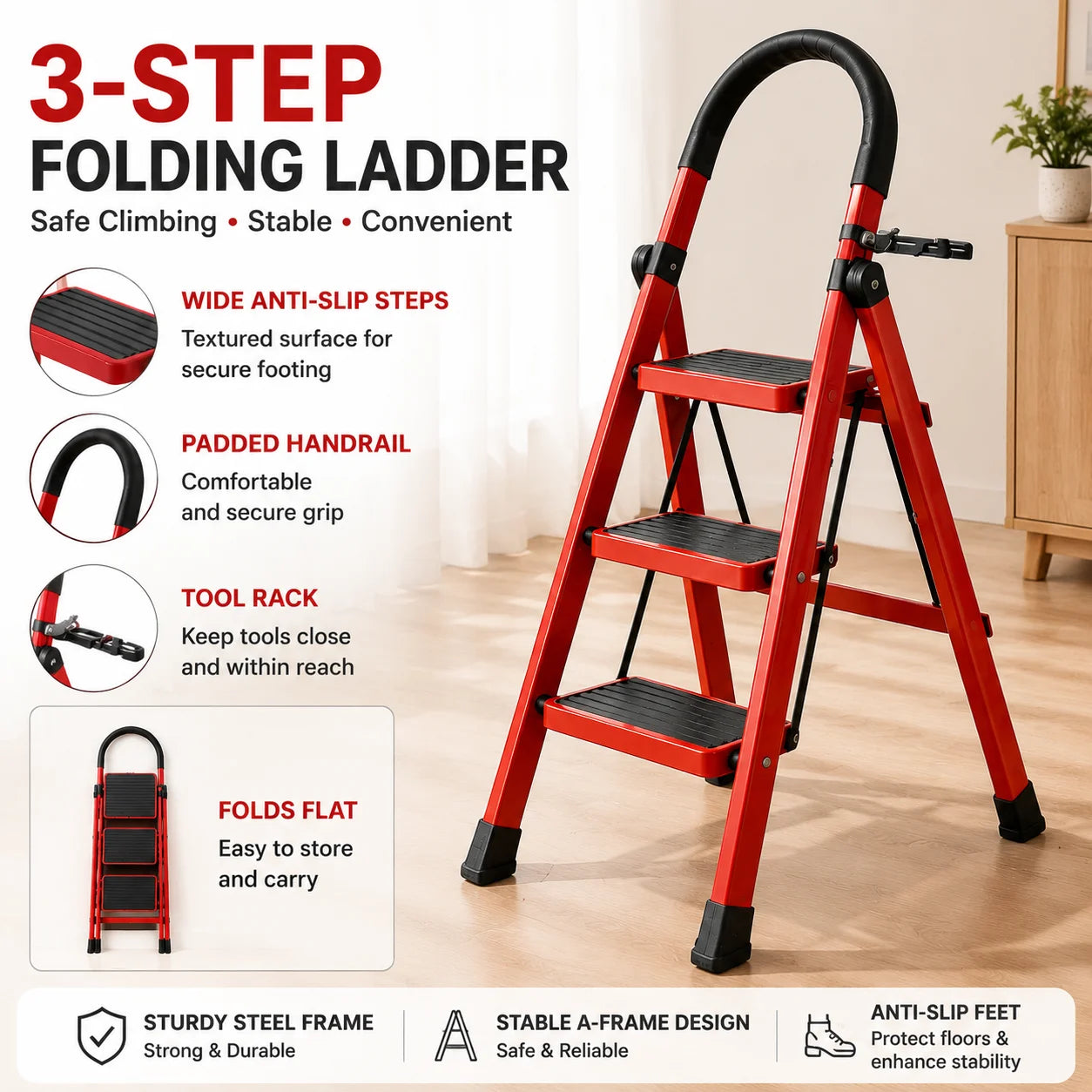 3 Step Folding Ladder Step Stool with Handrail and Tool Holde Portable Steel Frame Safety Ladder with Wide Anti Slip Steps Reinforced A Frame Structure Non Slip Rubber Feet Stable Climbing Ladder for Home Kitchen Office Garag by S And B Enterprise