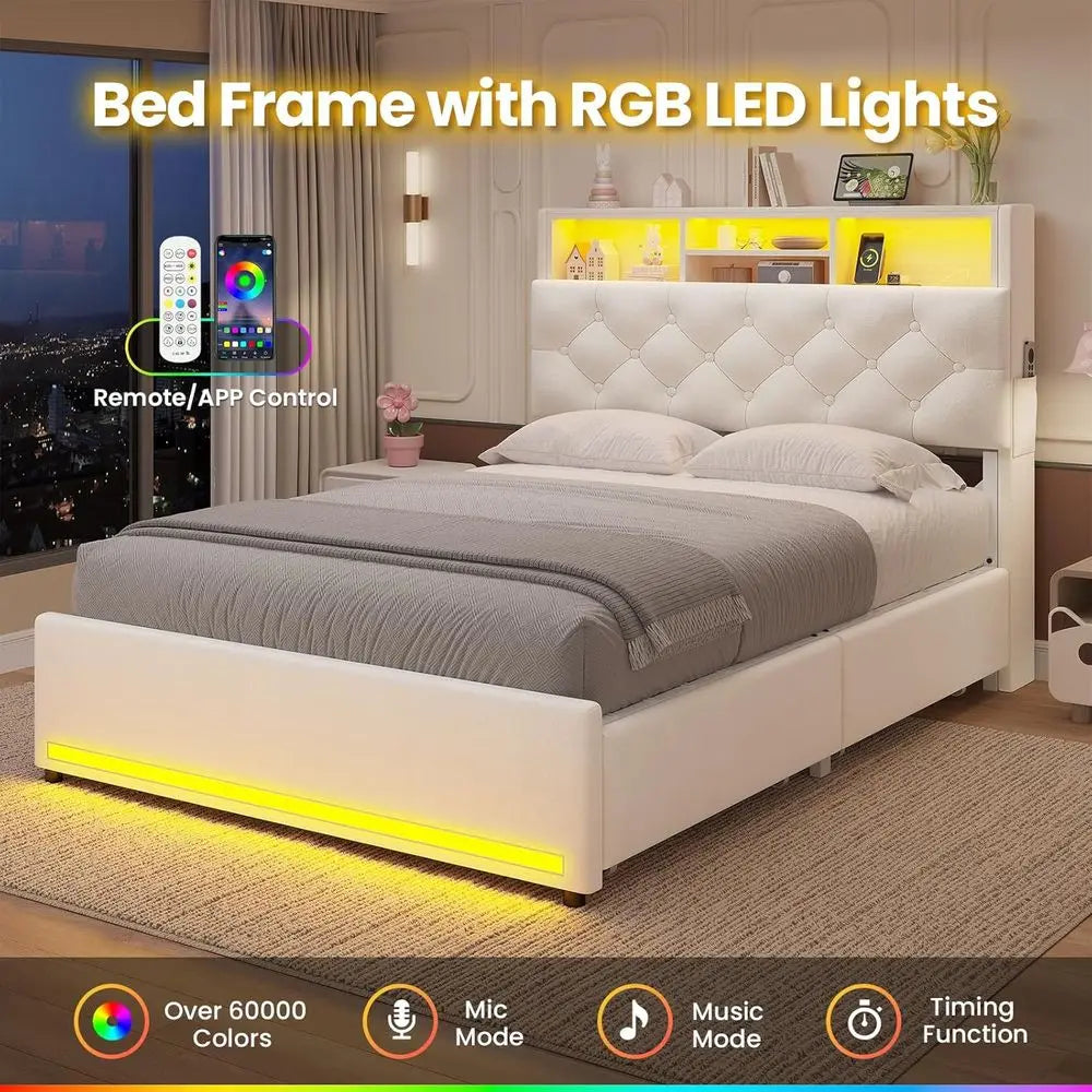 Velvet Upholstered Platform Bed With Bookcase For Kids