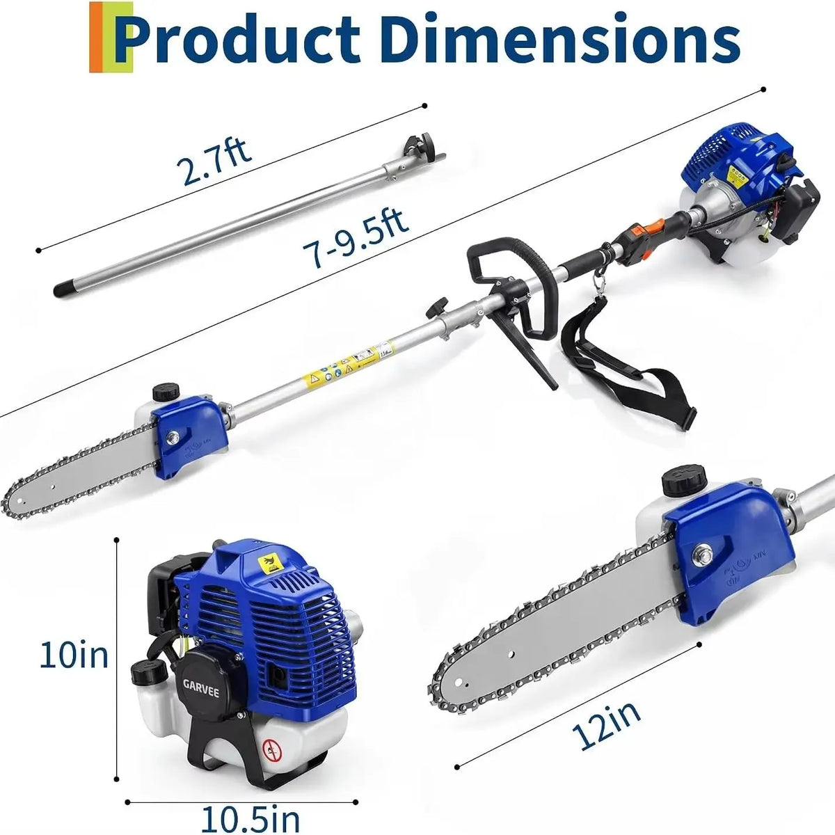 Gas powered pole saw with 12in bar, blue engine housing, long aluminum pole, shoulder strap by S And B Enterprise