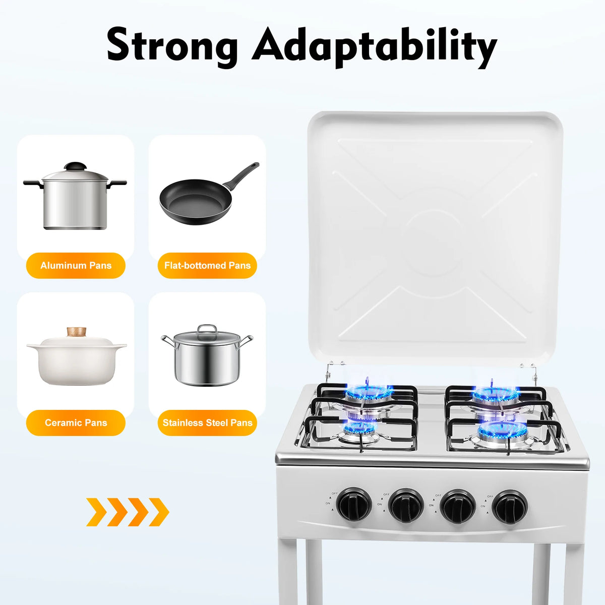 4-burner portable gas stove by S And B Enterprise, white with wind-block cover and two storage shelves