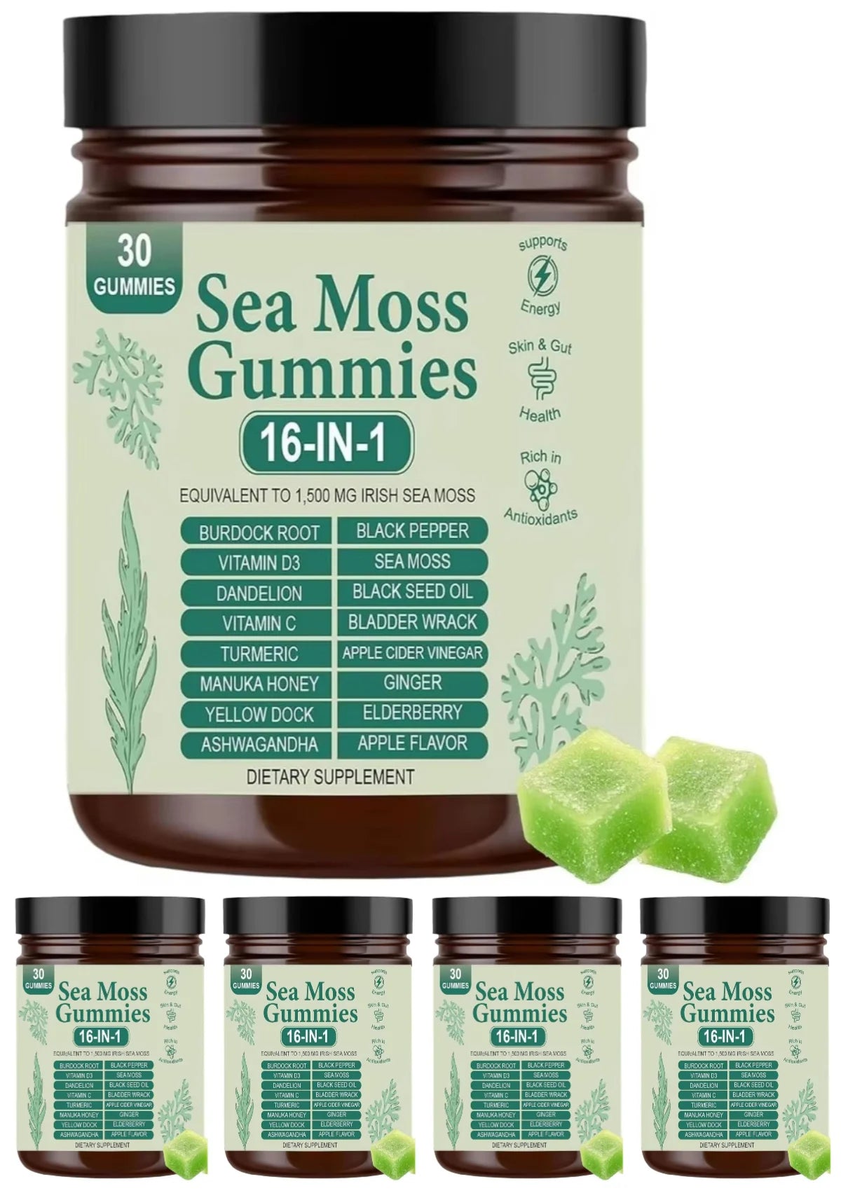Sea Moss Gummies 16-IN-1 dietary supplement by S And B Enterprise, Apple flavor, 30 gummies, set of 5 bottles