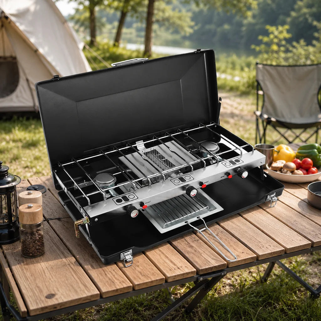 Portable tabletop 3-burner camping stove with sturdy latches and non-slip feet