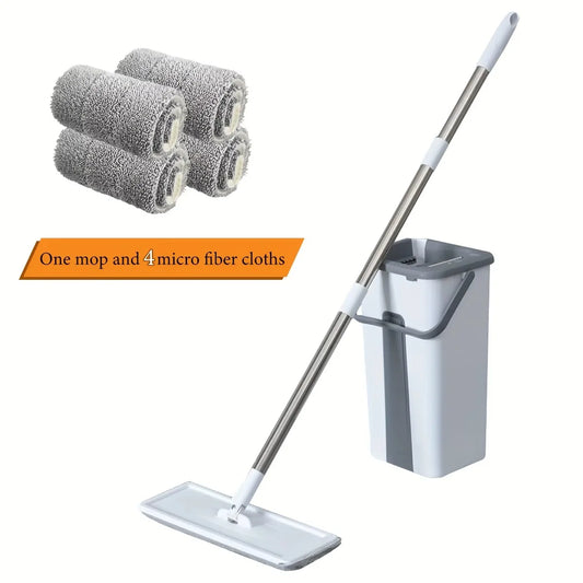 Flat mop set with bucket and four gray microfiber cloths; stainless steel handle and 360° rotating head