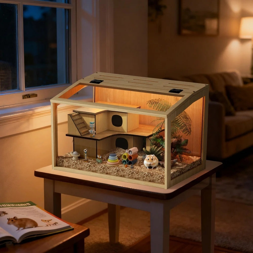 Wooden Hamster Cage With Glass And Built In LED Roof by S And B Enterprise