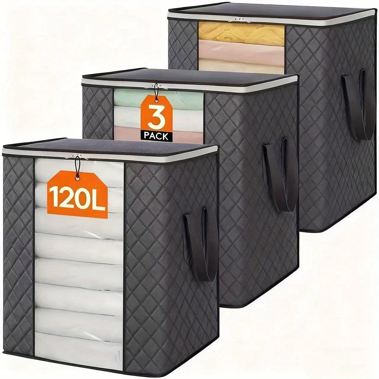 3-pack 120L clothes storage bags by S And B Enterprise, foldable with reinforced handles in dark quilted gray