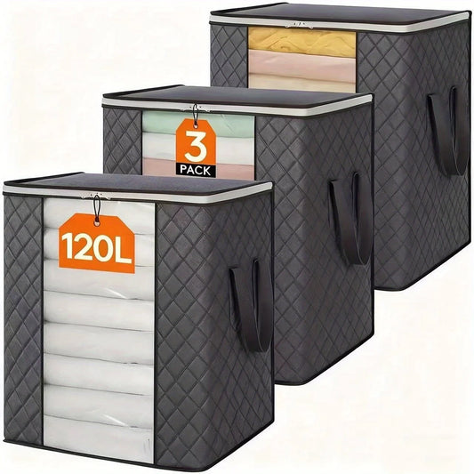 3-pack 120L clothes storage bags by S And B Enterprise, foldable with reinforced handles in dark quilted gray