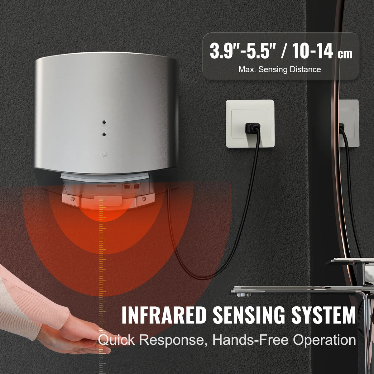Commercial hand dryer in silver stainless steel, 1400W, infrared sensing system