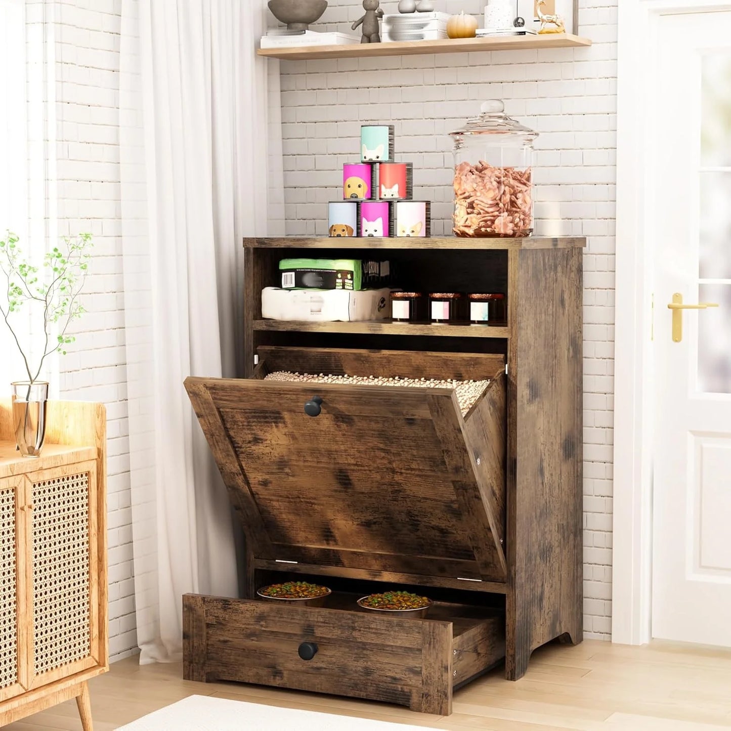 Wooden Dog Feeding Station With Elevated Bowls And Storage Cabinet