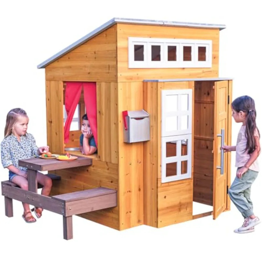 Outdoor Wooden Playhouse For Kids Ages 3 And Up With Picnic Table Mailbox Grill by S And B Enterprise