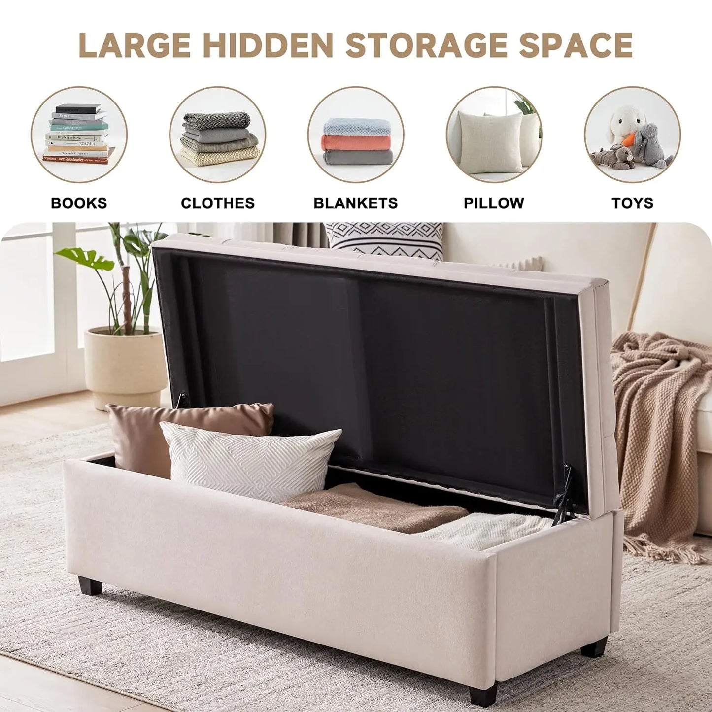 Tufted Storage Ottoman Bench With Linen Top For Living Room