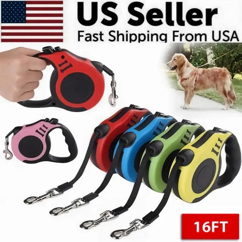 Retractable dog leash 16ft with one-button lock and comfort grip; set of five color options.