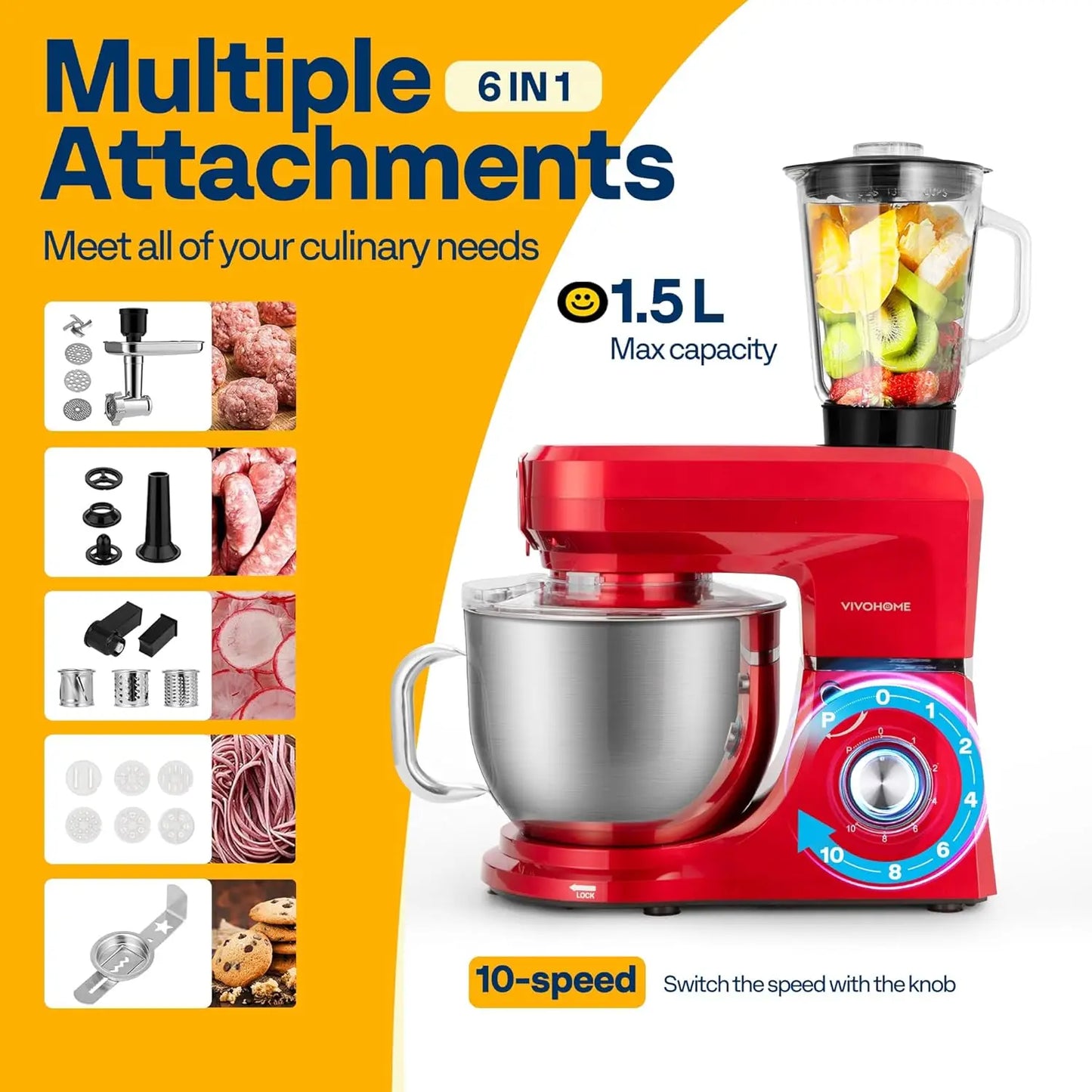 6-In-1 Electric Stand Mixer With Meat Grinder And Pasta Maker