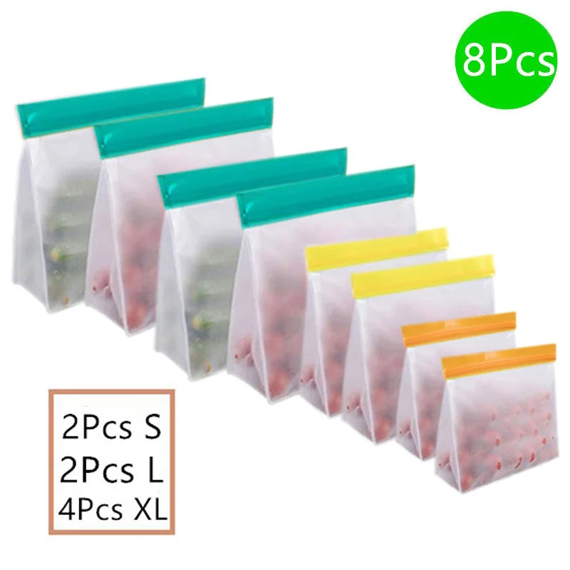 8-piece set of reusable PEVA zipper bags with stand-up bottoms; 2 small, 2 large, 4 XL in teal and yellow tops