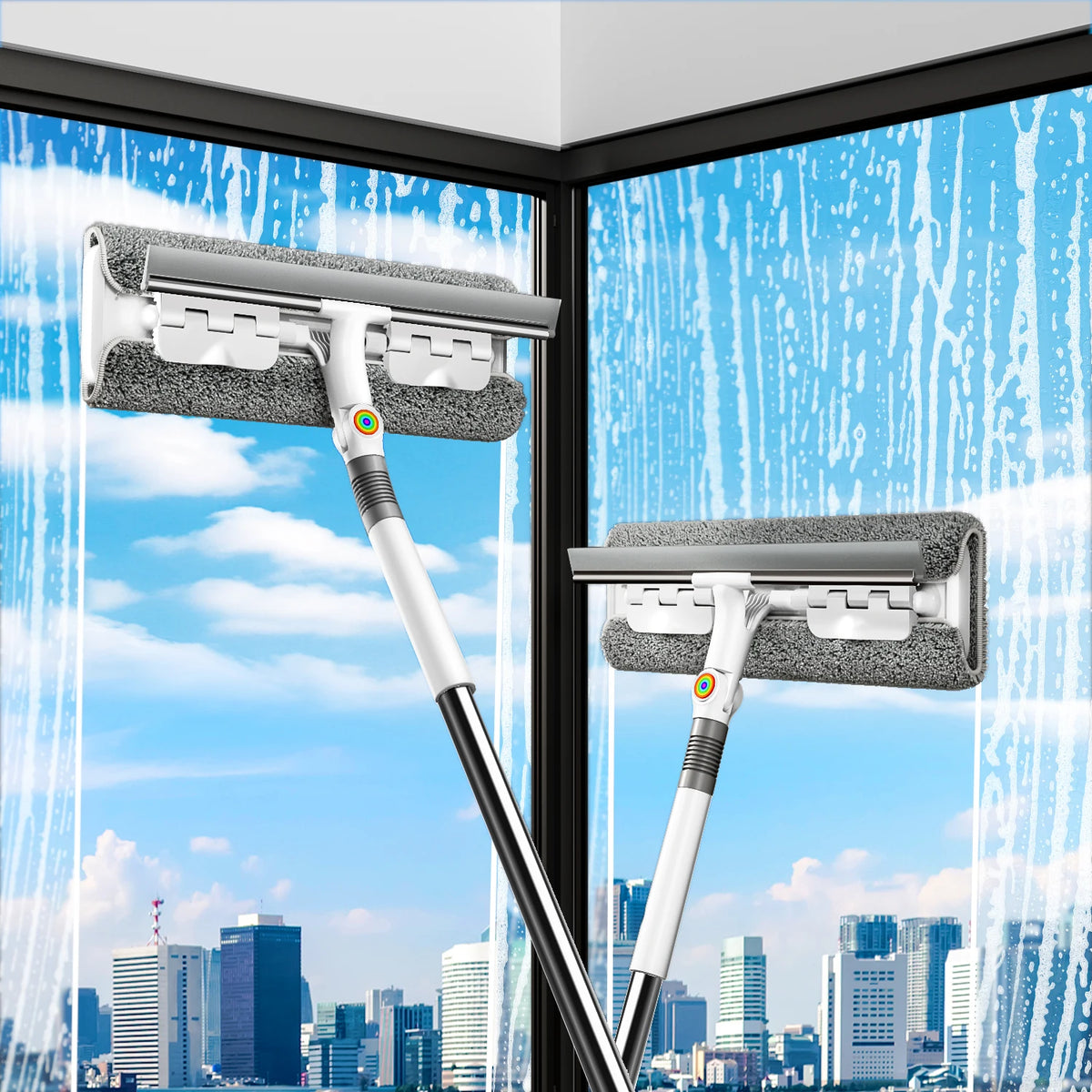Joybos 2-in-1 window squeegee set with 53in extendable poles, microfiber pads, and rotating heads (2-pack)