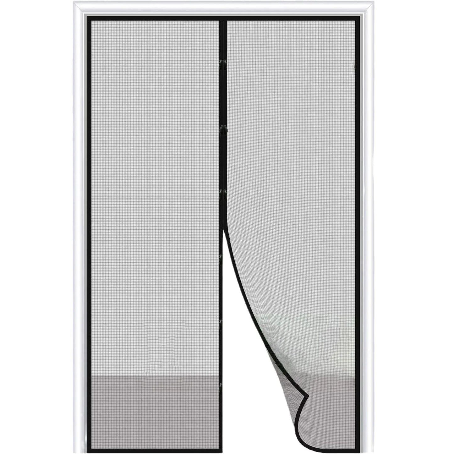 Magnetic door curtain screen by S And B Enterprise, two-panel black-frame with grey insect mesh and magnetic closure