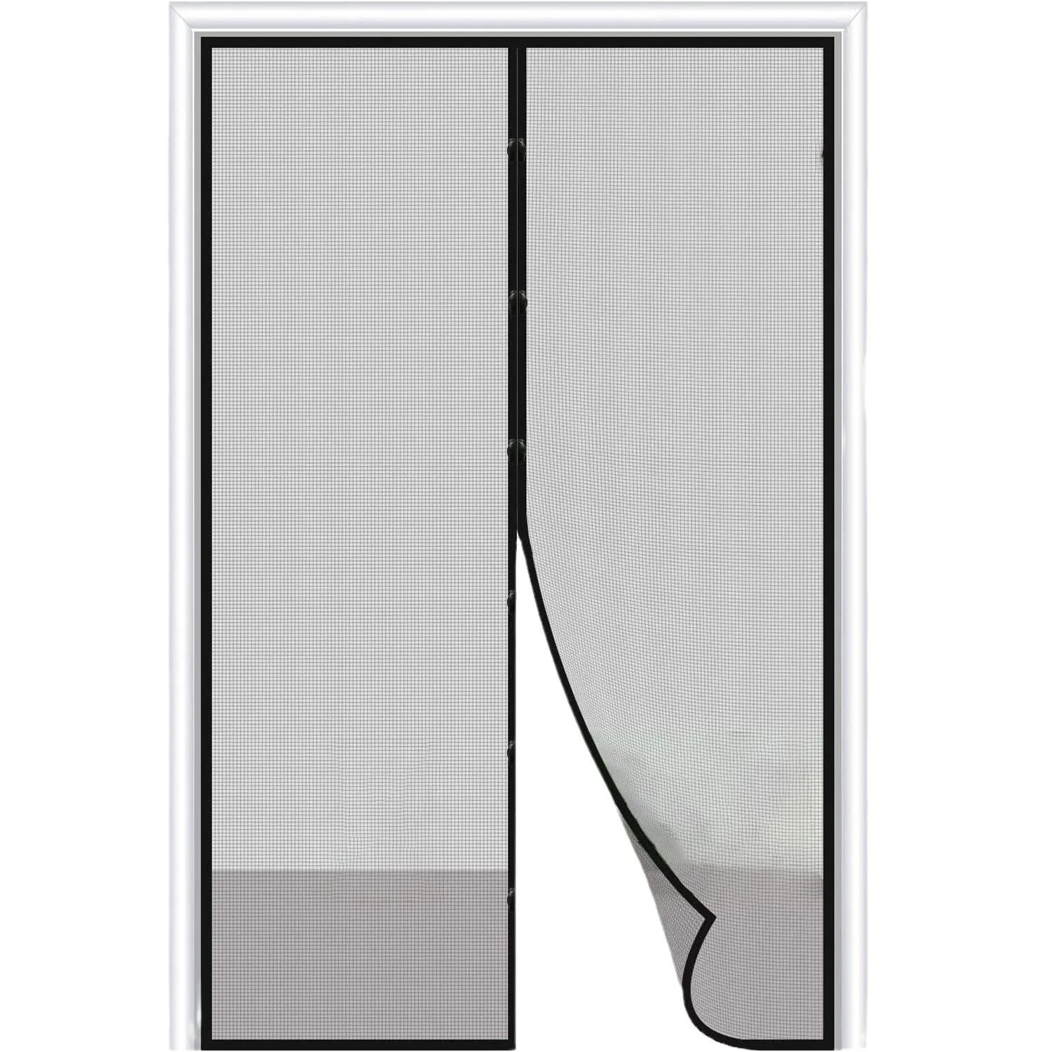 Magnetic door curtain screen by S And B Enterprise, two-panel black-frame with grey insect mesh and magnetic closure