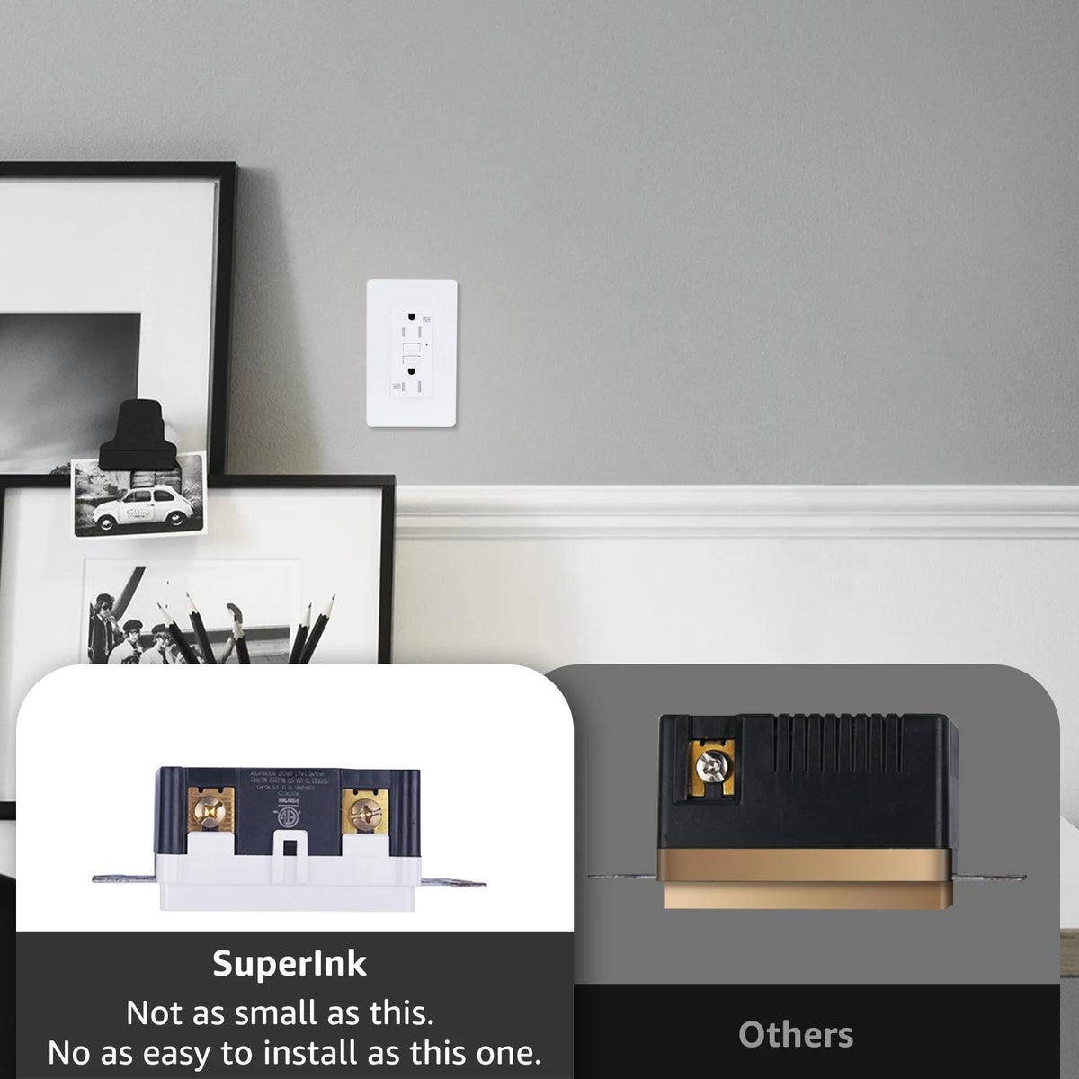 GFCI receptacle wall plate, white, 15/20A with LED indicator on gray wall
