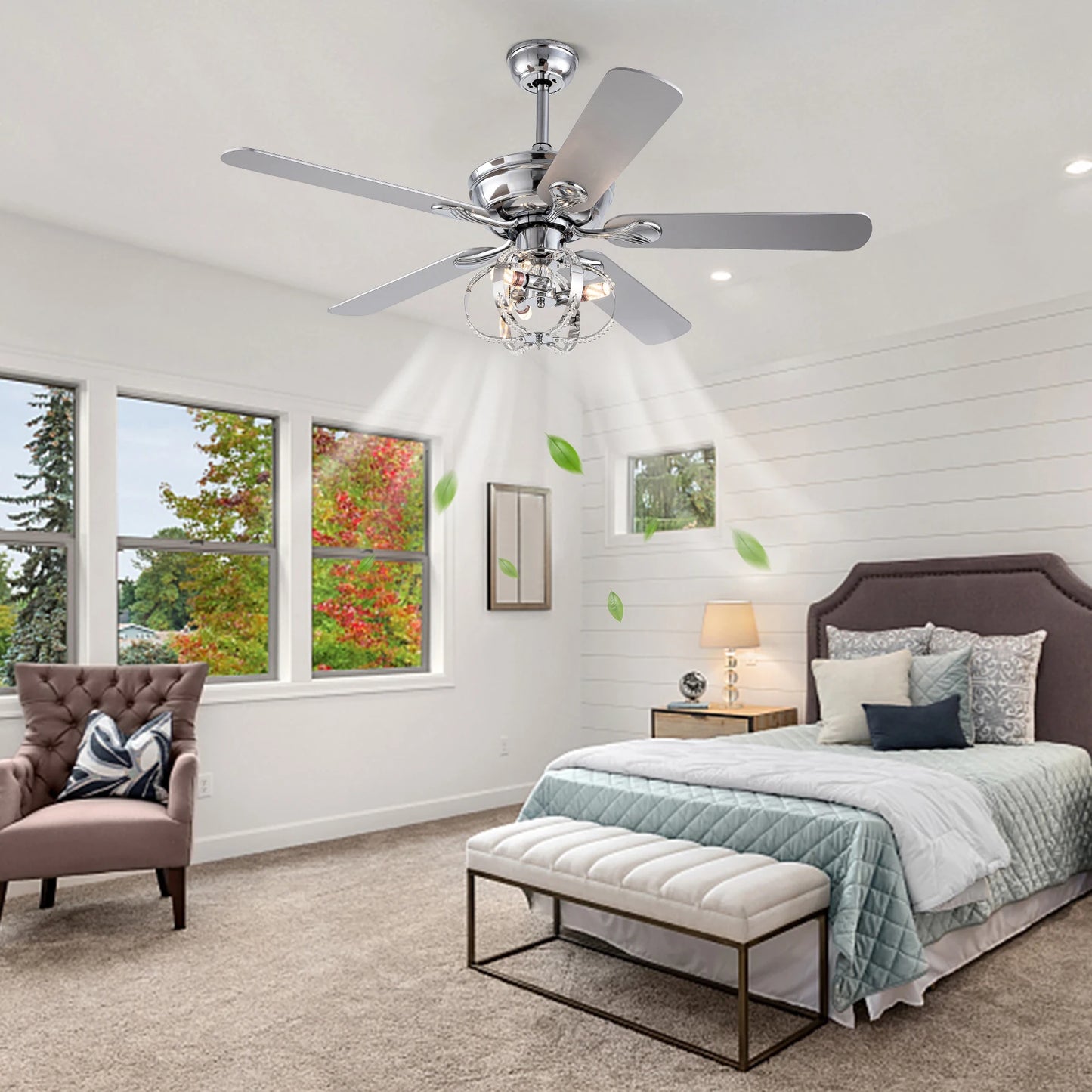52-inch ceiling fan by S And B Enterprise, chrome finish with five blades and crystal light kit