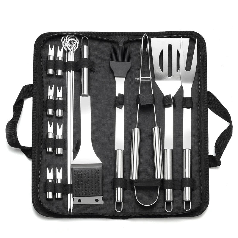 Stainless steel BBQ grill utensil set in a black carrying case; includes spatula, tongs, fork, brush, and skewers.