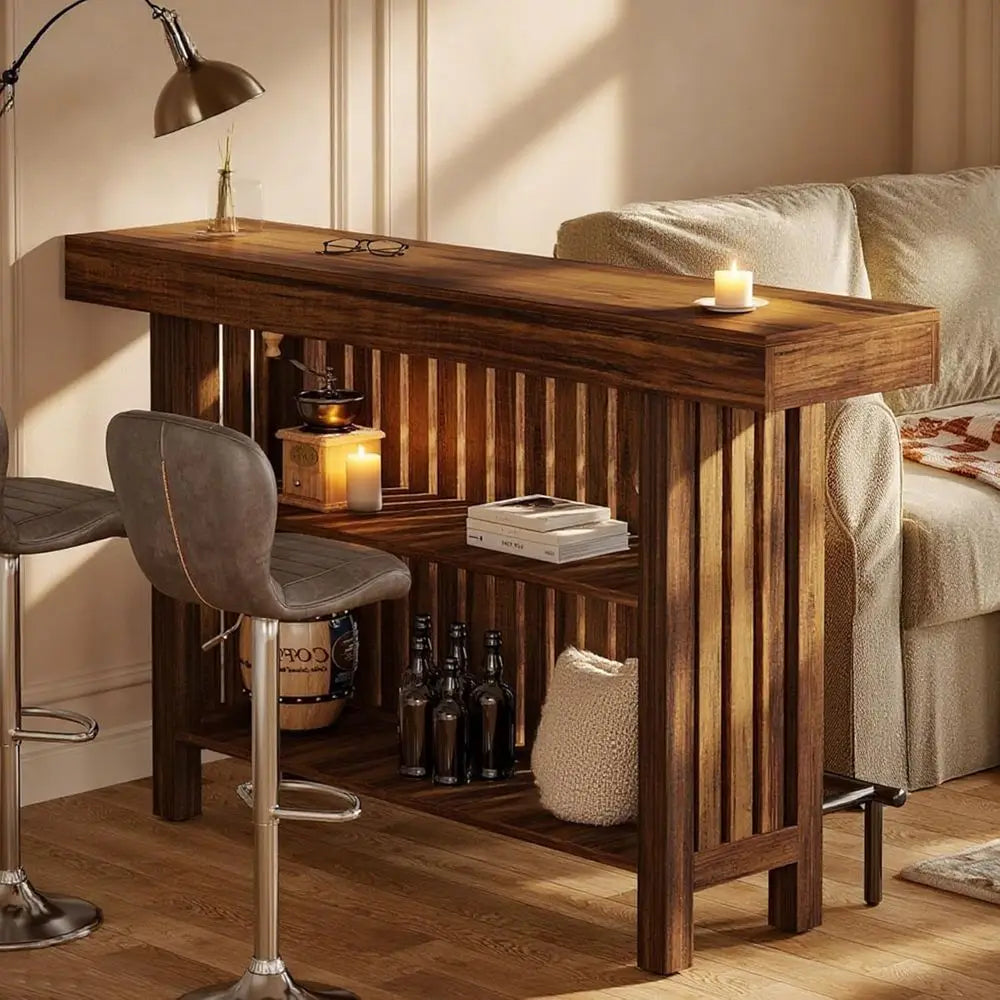 Rustic Home Bar Table With 2-Tier Storage