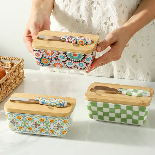 350ML Rural Style Ceramic Butter Box with Knife and Cover, American Household Cross-border Cheese Kitchen Storage Box by S And B Enterprise