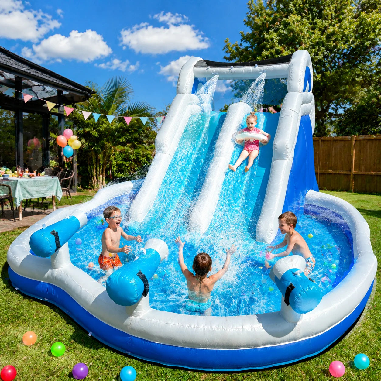 Blue & White Outdoor Inflatable Oxford Fabric Water Slide Pool for Kids, Dual Slides with Sprayers, Backyard Summer Fun Toy for Children by S And B Enterprise