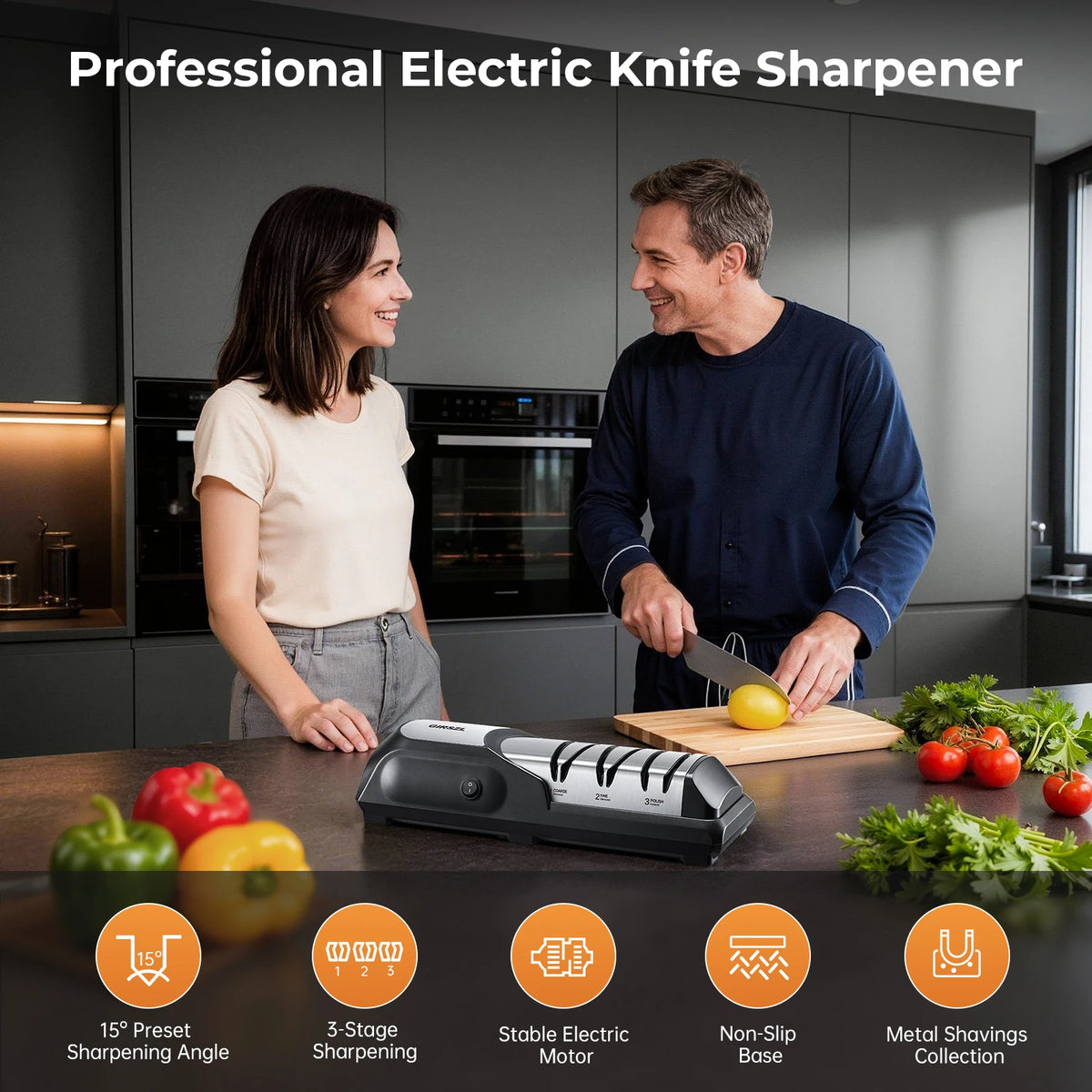 One Touch Electric Knife Sharpener by S And B Enterprise with 15° preset and 3-stage sharpening on a kitchen counter