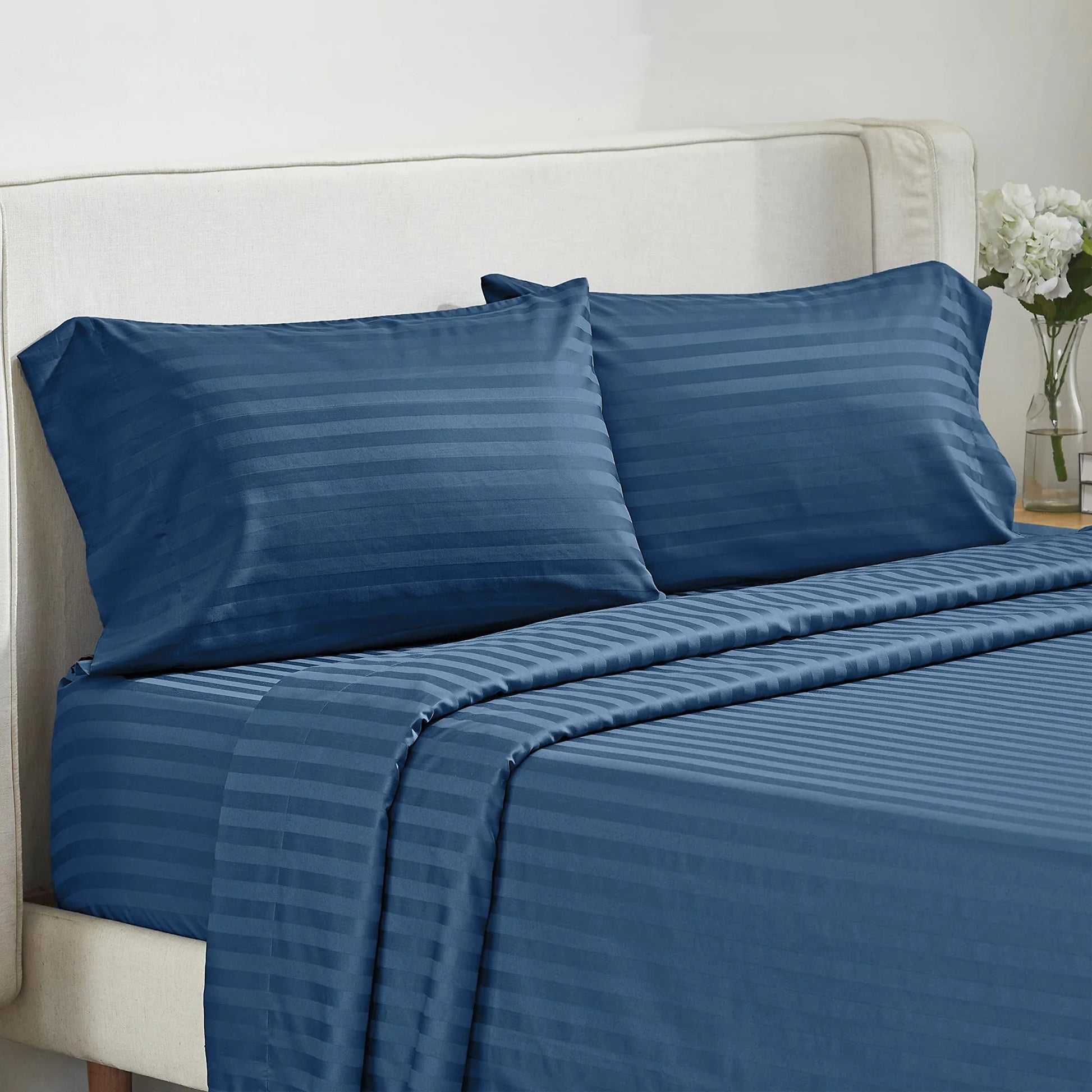 Battilo blue striped 4-piece bed sheet set with fitted sheet, flat sheet and 2 pillowcases from S And B Enterprise