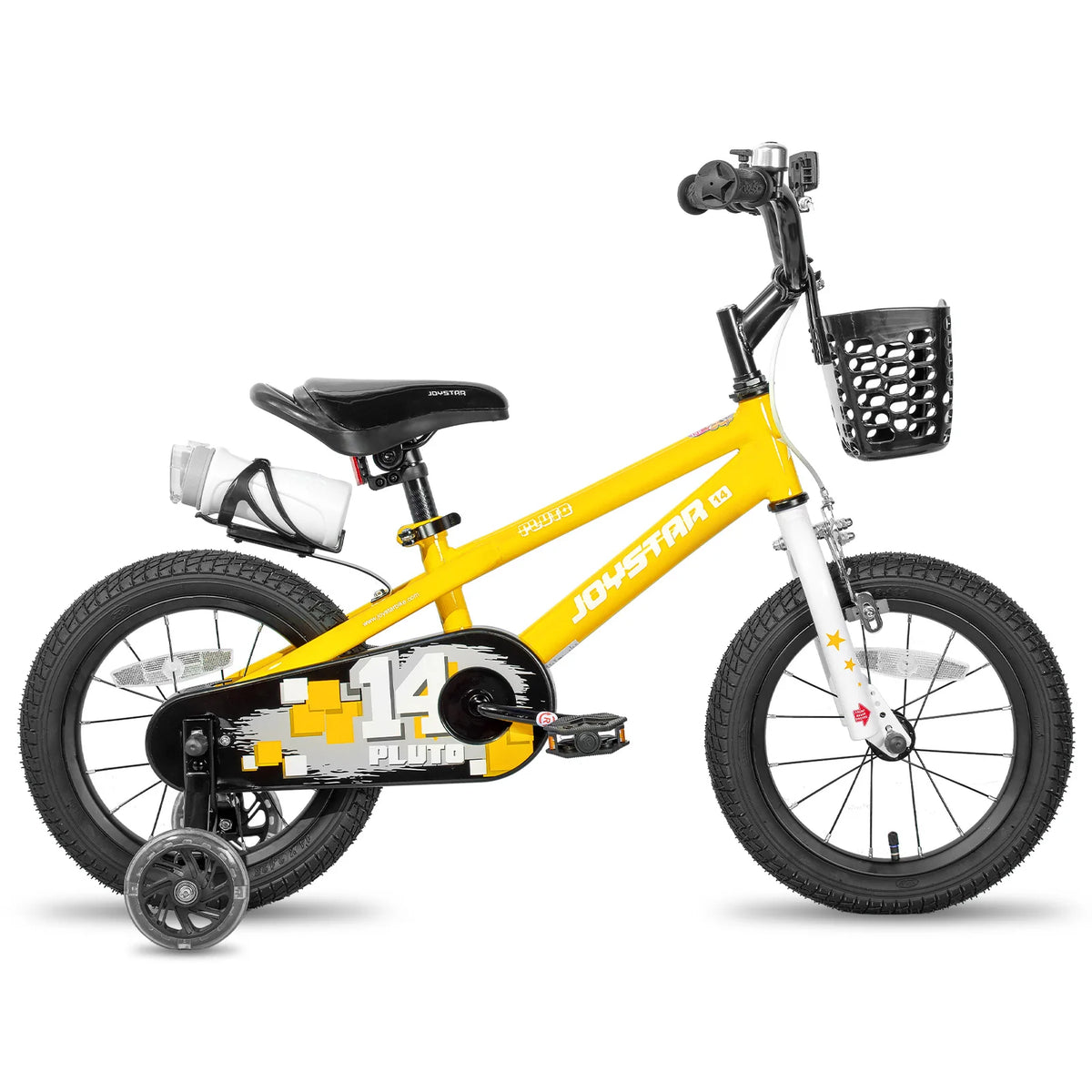 JOYSTAR yellow kids' bicycle with light-up training wheels and front basket