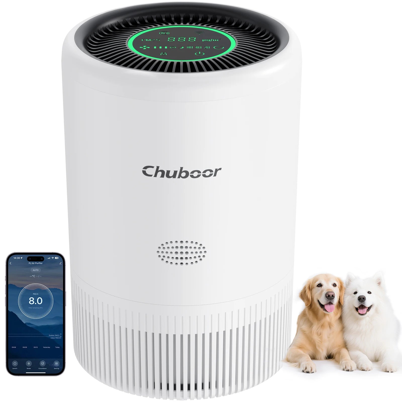 Chuboor air purifier, white cylindrical cleaner with green LED ring and app control, H13 HEPA filter