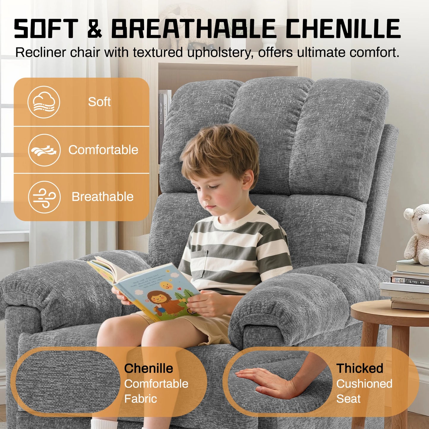 Korser swivel rocker recliner chair in soft grey chenille by S And B Enterprise for small spaces.
