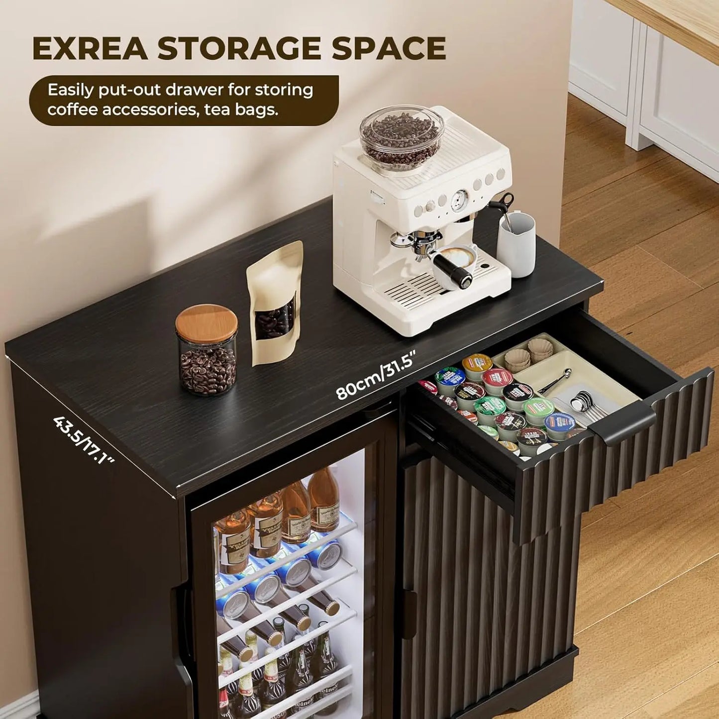 Mini Fridge Cabinet With Refrigerator, Fluted Coffee Bar