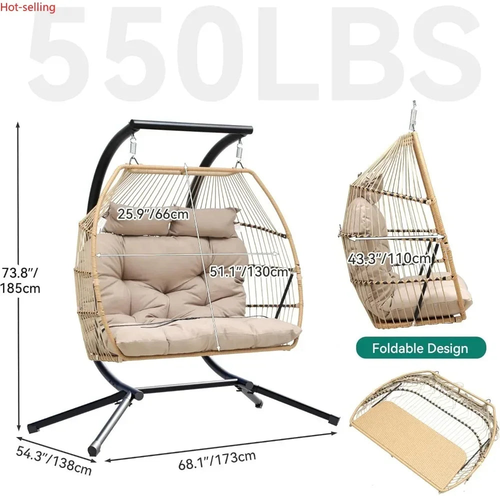 Outdoor Two Person Egg Swing Chair With Stand And Cushions