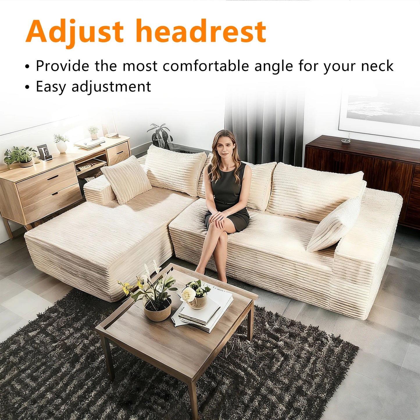 NONECN Cloud-Like Corduroy Sectional Sofa With Chaise And Storage