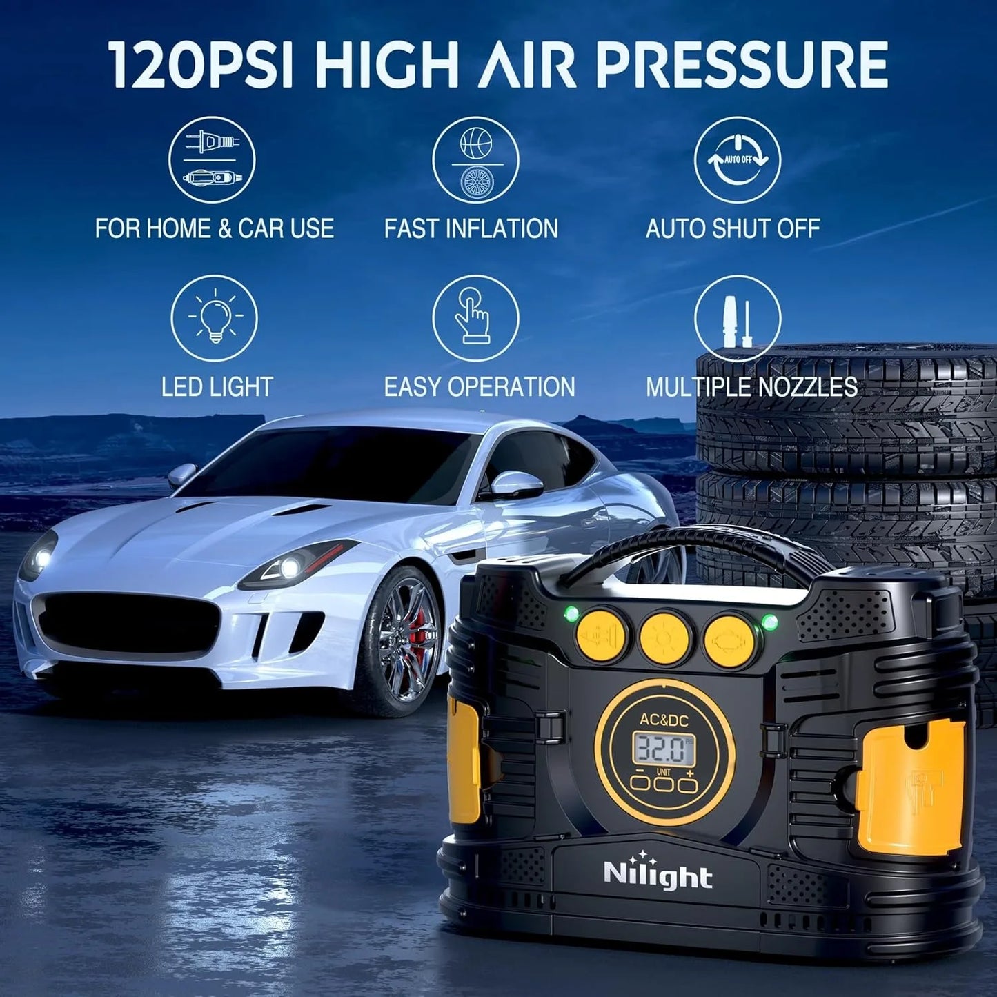 Nilight portable tire inflator with dual 12V DC/110V AC, gauge, auto shut-off beside car and tires