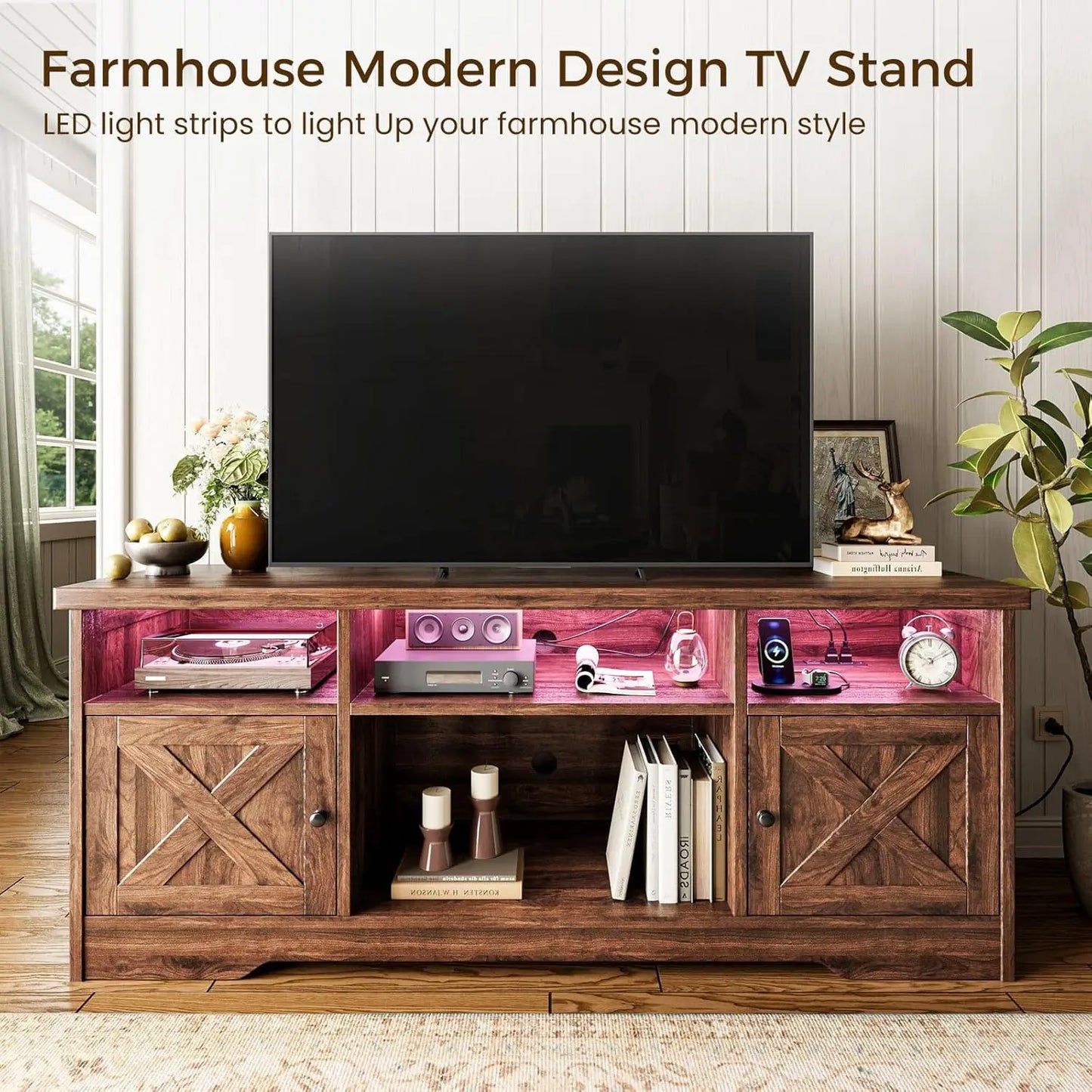 BIANXIANG Farmhouse TV Stand With Power Outlet And LED Lighting by S And B Enterprise