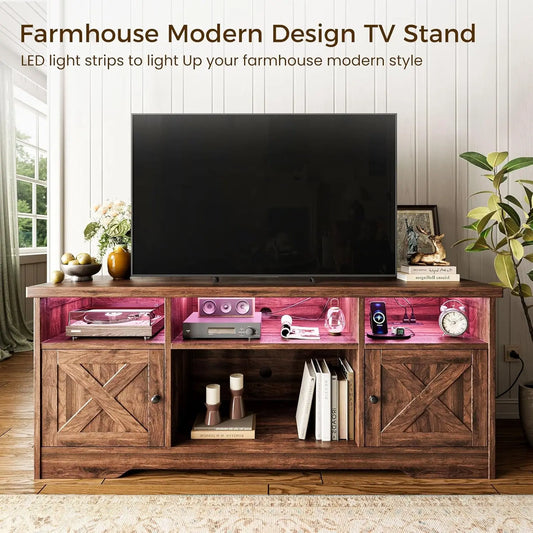 BIANXIANG Farmhouse TV Stand With Power Outlet And LED Lighting by S And B Enterprise