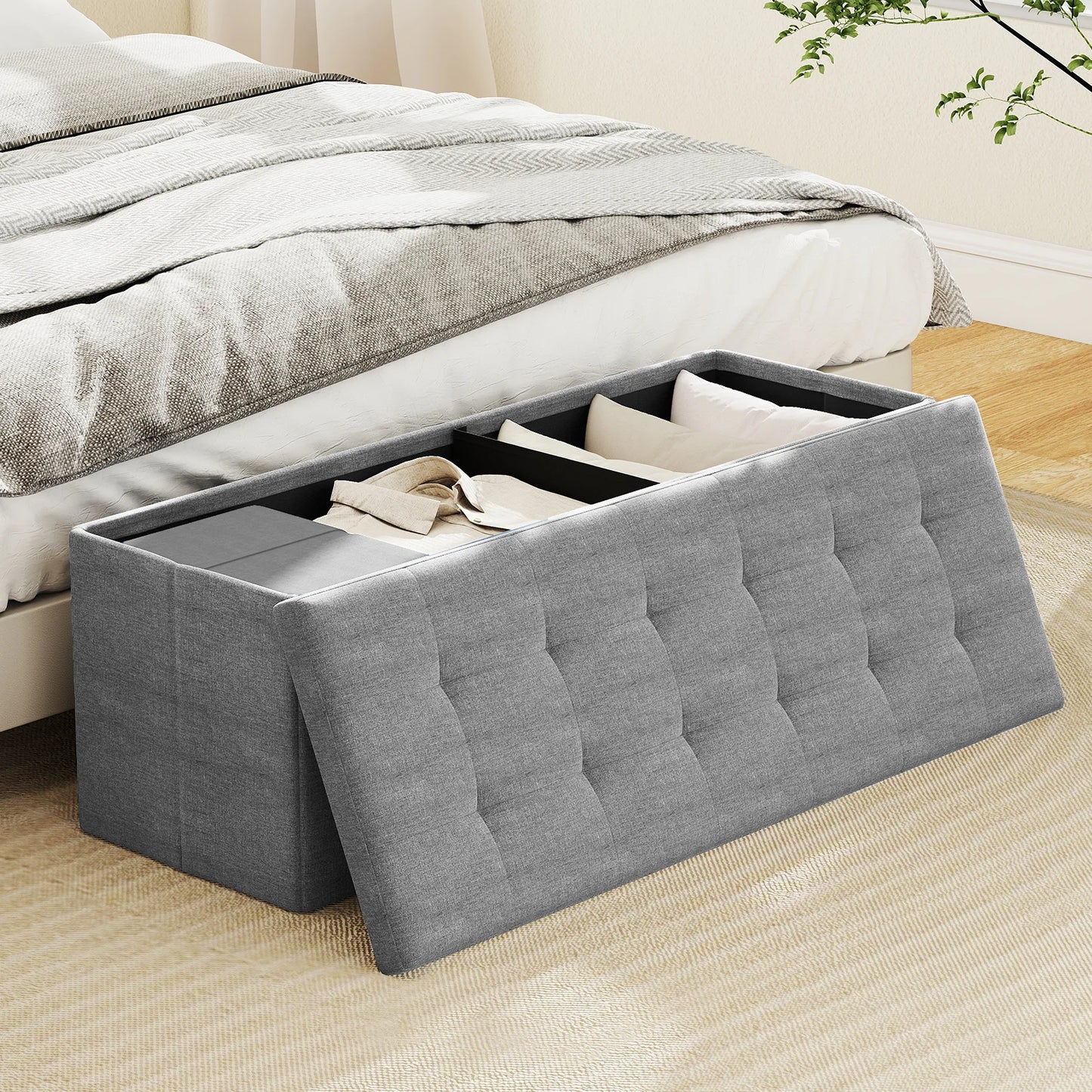 Fabric folding storage ottoman with divider in gray upholstery, bed-end bench